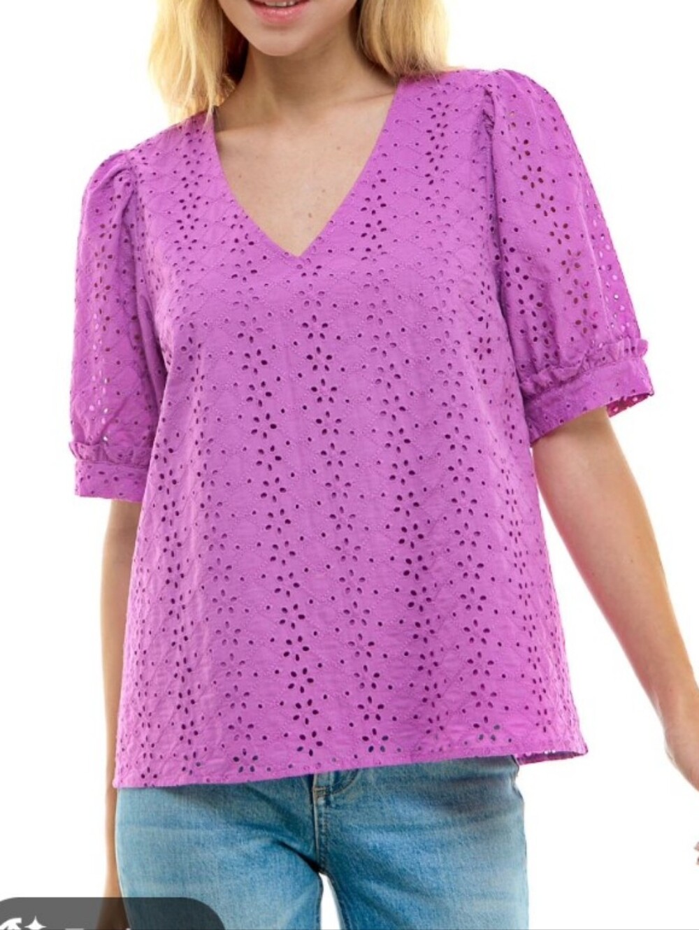 Draper James‎ Heidi V-Neck Top Size S Purple Eyelet Puff Sleeve Cotton Blouse